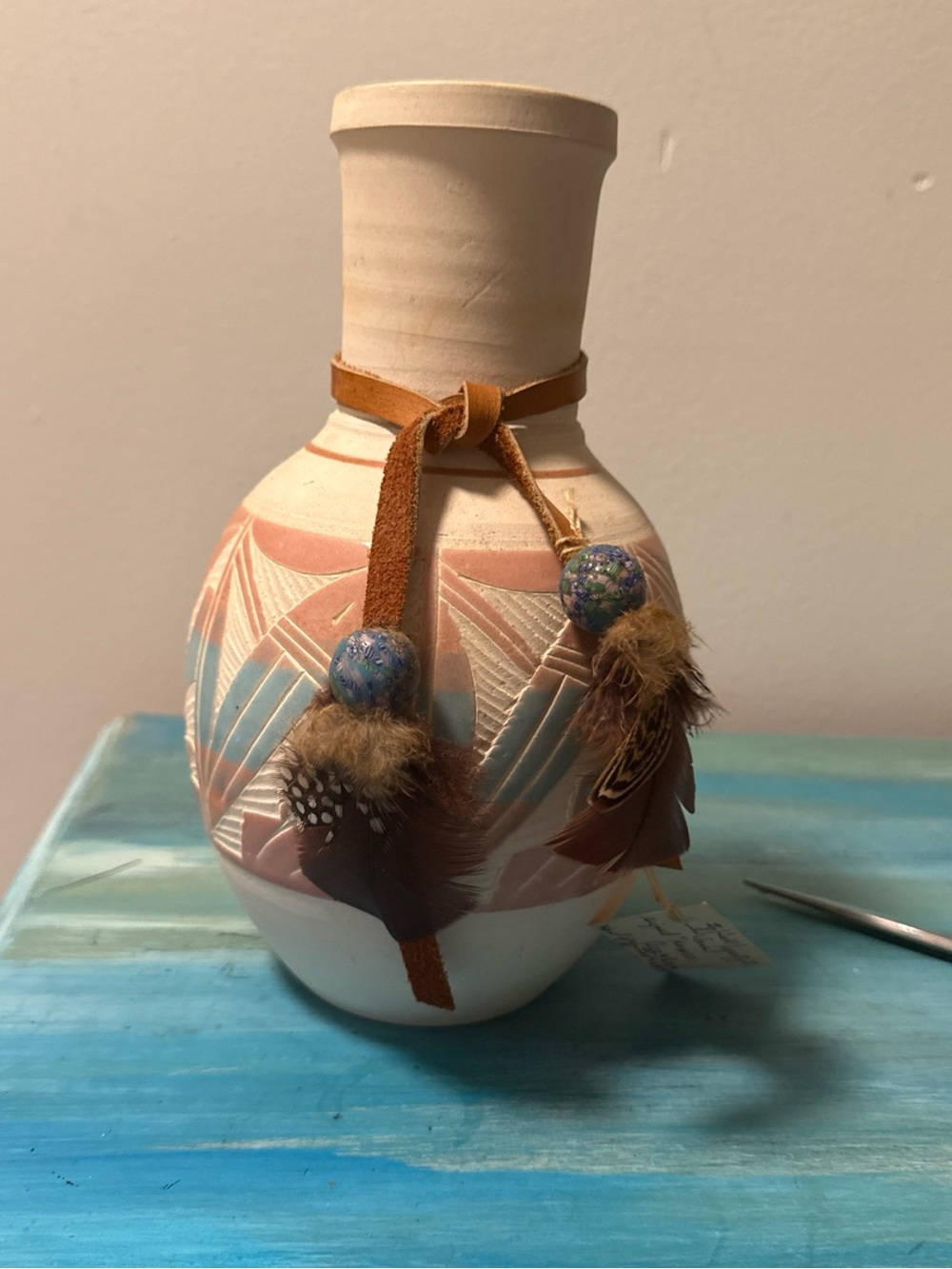Mexico acevloza sgraffito Vase with Feather Tassels botanical teal pink cream